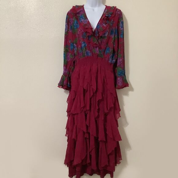 Vintage Maroon Bohemian Hippie Whimsygoth Romantic Dark Fairy Silk Maxi Dress OS - Picture 1 of 12